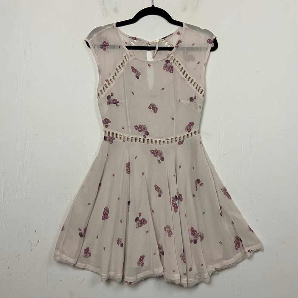 Free People Floral Chiffon Ladder Lace Fairy Boho Fit & Flare Dress Size 0